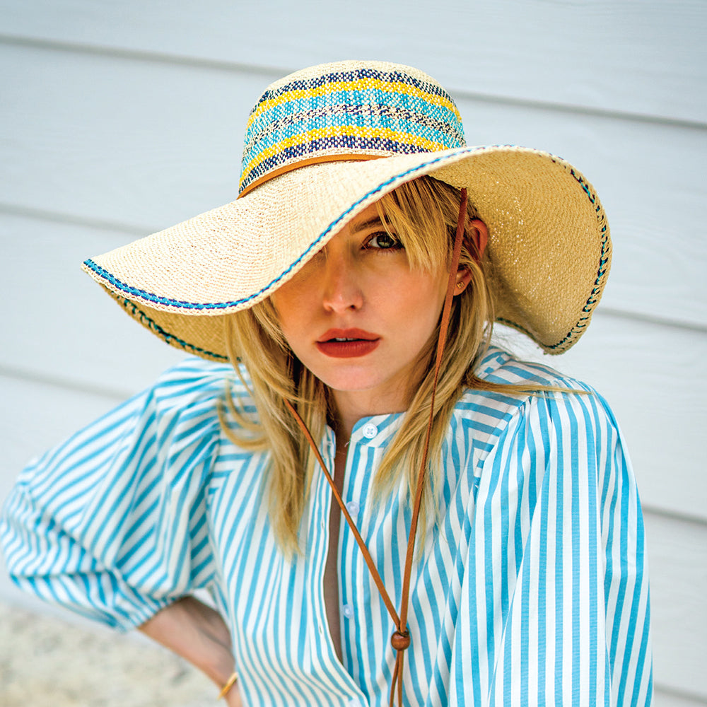 Sombrero de Sol Eloisa de ala ancha de paja toyo de Scala - Natural-Turquesa