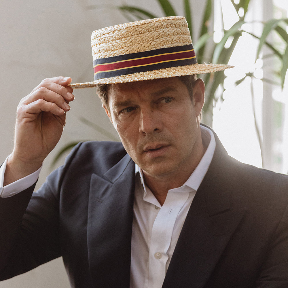 Sombrero Boater con cinta decorativa a rayas de Christys - Natural