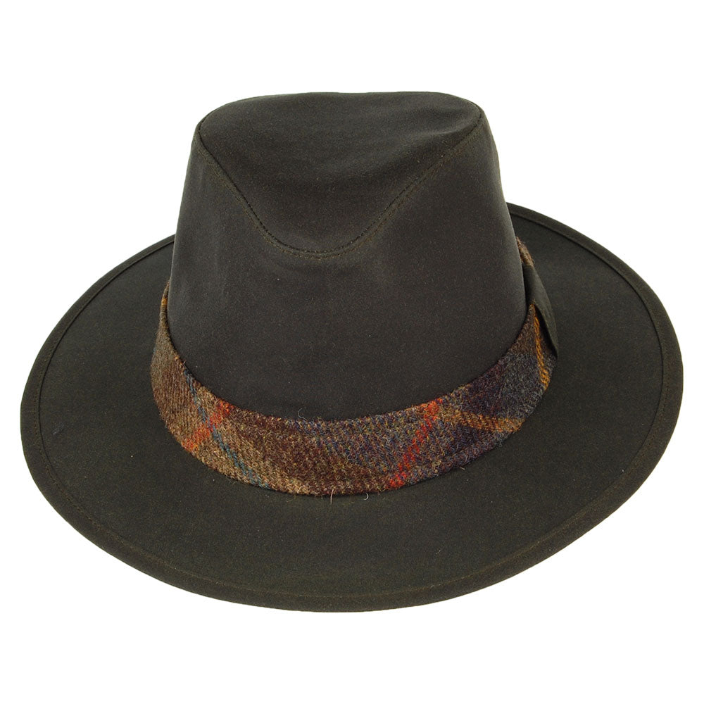 Sombrero Fedora Drifter adorno en tela escocesa de algodón encerado de Failsworth - Verde Oliva
