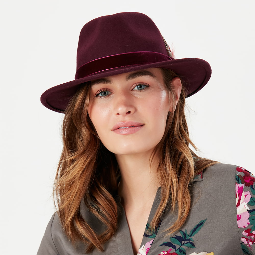 Sombrero Fedora de fieltro de lana con cinta de terciopelo de Joules - Rojo Oscuro