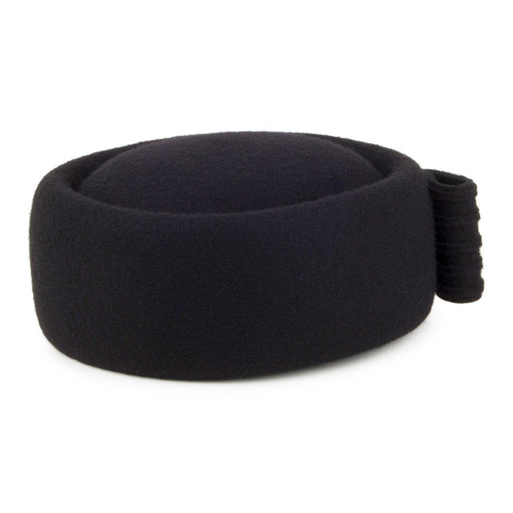 Sombrero Pillbox Jackie O con lazo decorativo de lana de Whiteley - Negro