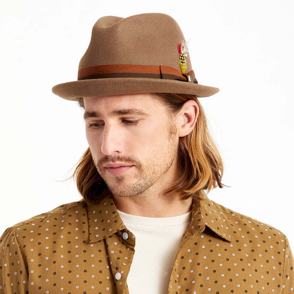 Sombrero Trilby Gain de fieltro de lana con cinta decorativa a rayas de Brixton - Camel