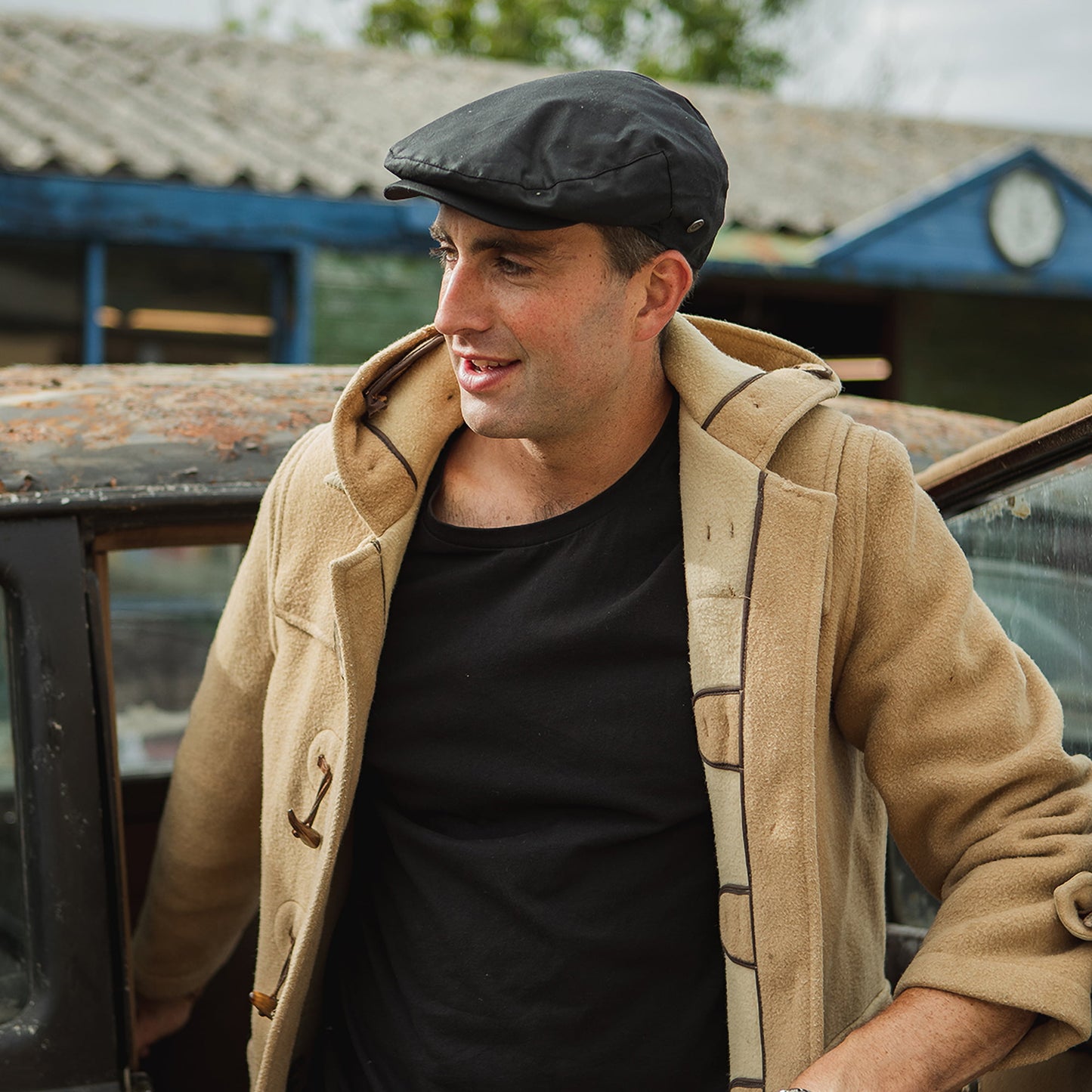 Gorra plana British Millerain de algodón encerado de Jaxon & James - Negro