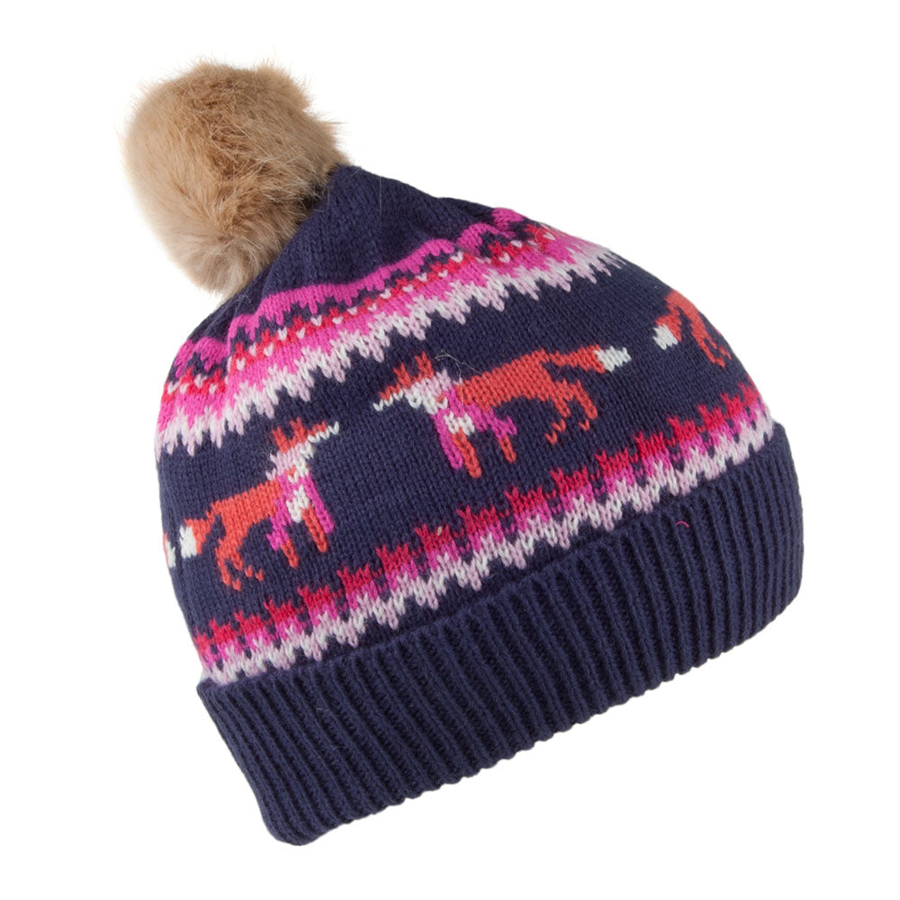 Gorro con pompón niñas Fair Isle Foxes tejida de Joules - Azul Marino-Rosa