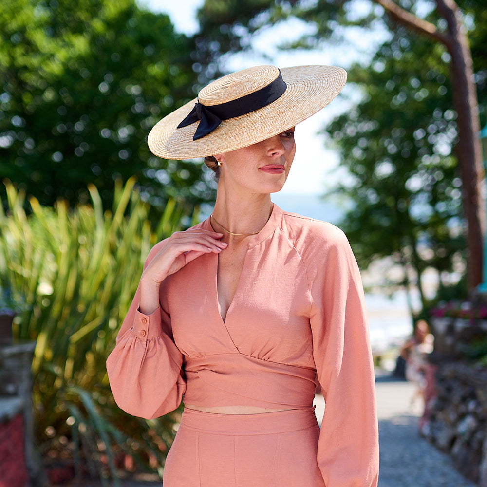 Sombrero Boater Pearl de paja de Failsworth - Natural-Negro