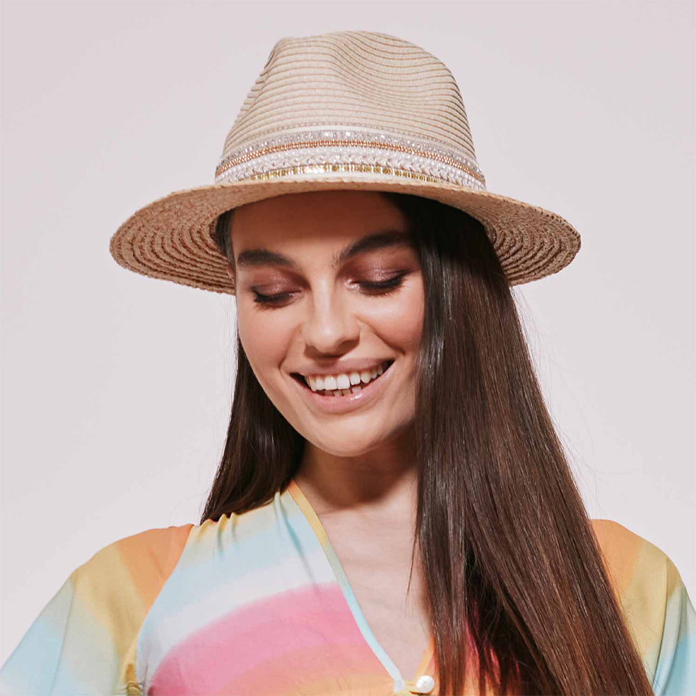 Sombrero Fedora de paja toyo con cinta de lentejuelas de Seeberger - Natural-Marrón Claro