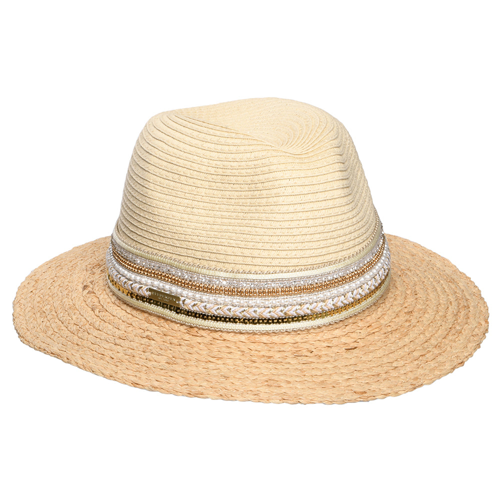 Sombrero Fedora de paja toyo con cinta de lentejuelas de Seeberger - Natural-Marrón Claro