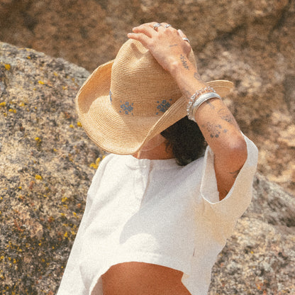 Sombrero Cowboy Odessa Crochet de paja de rafia de Brixton - Beige Arena-Azul