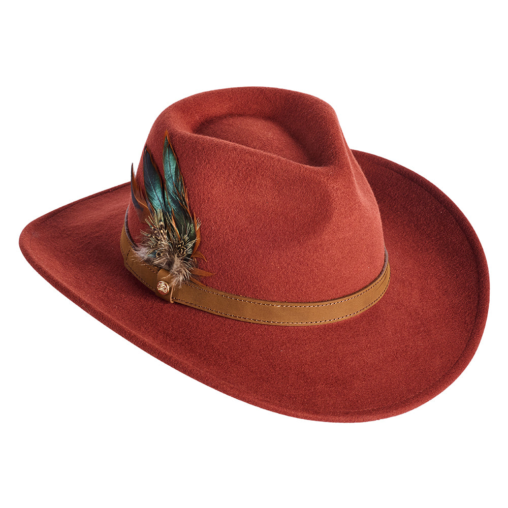 Sombrero Outback impermeable de fieltro de lana Con plumas de Failsworth - Rojo Óxido