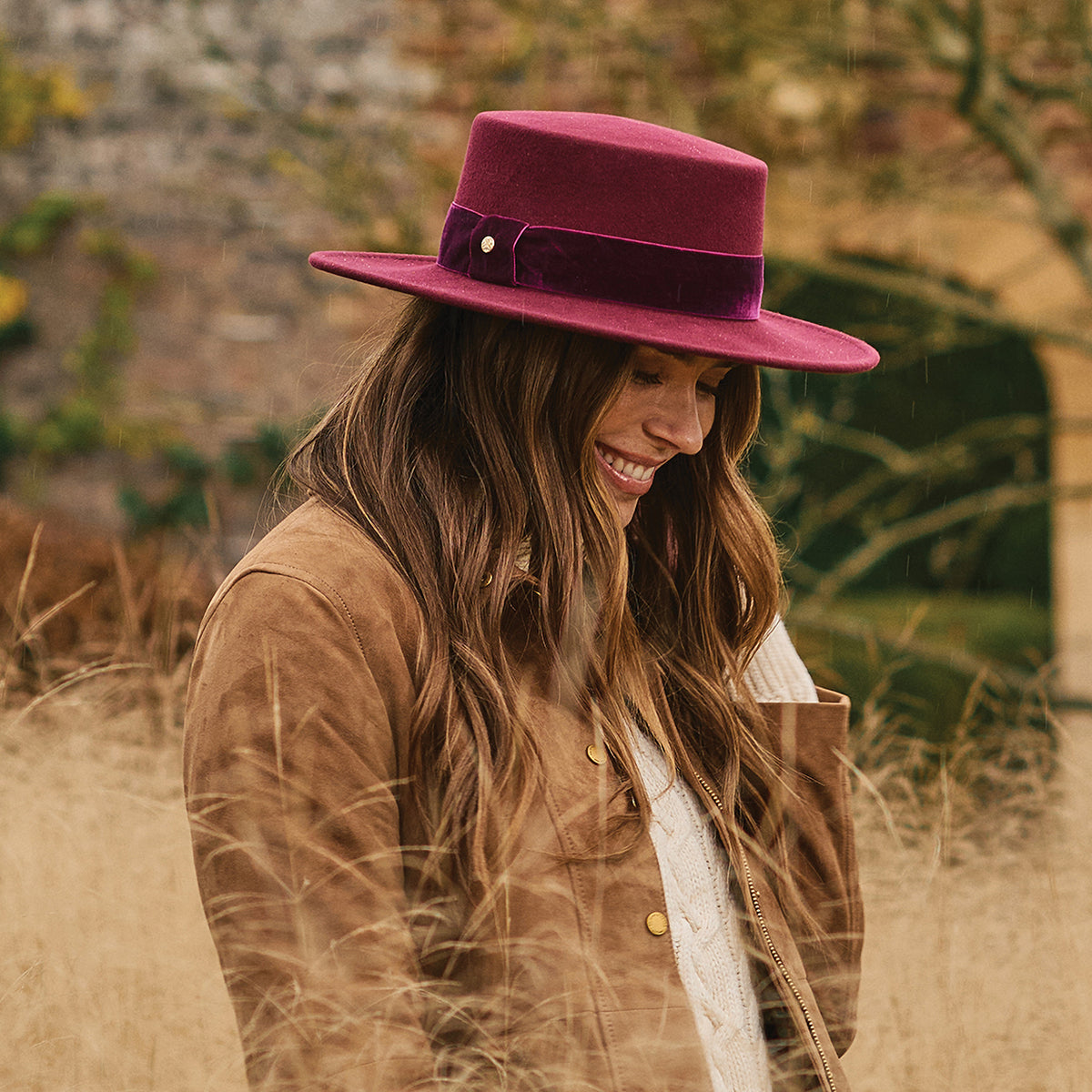 Sombrero Boater impermeable de fieltro de lana con cinta de terciopelo de Failsworth - Burdeos