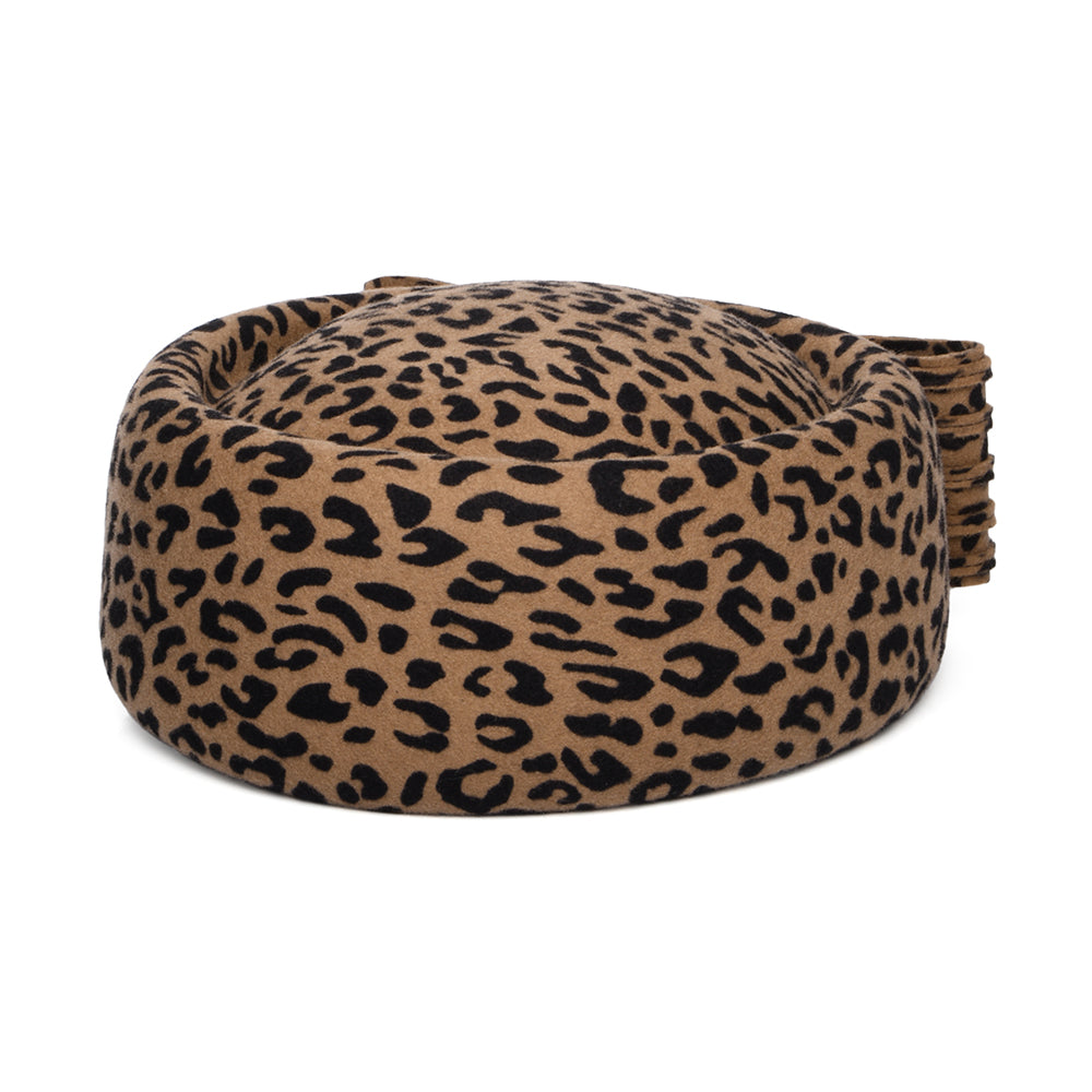 Sombrero Pillbox Jackie O de lana con lazo de Whiteley - Leopardo
