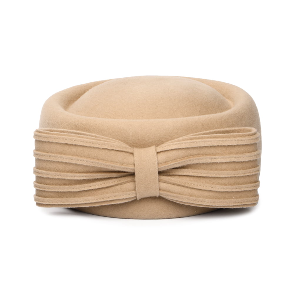 Sombrero Pillbox Jackie O con lazo decorativo de lana de Whiteley - Camel