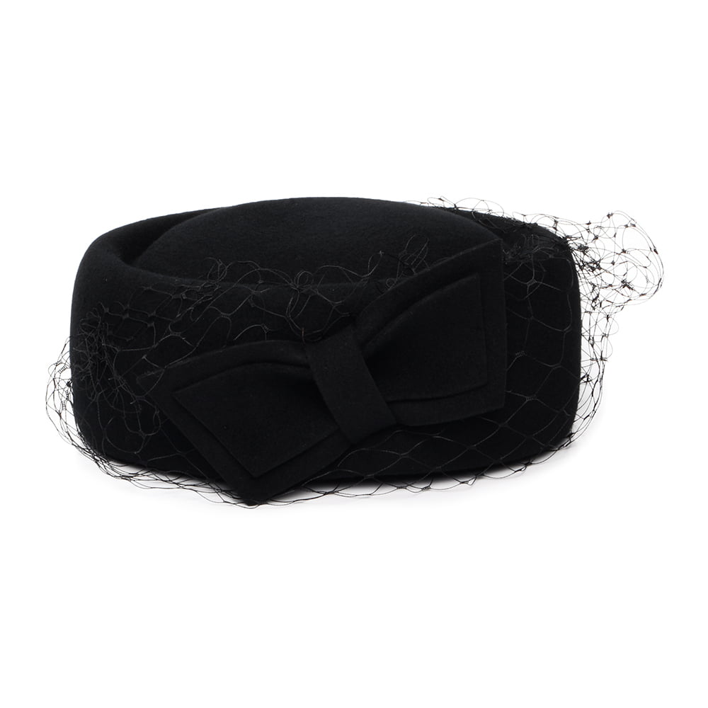 Sombrero Pillbox Carrie de lana con velo de Whiteley - Negro