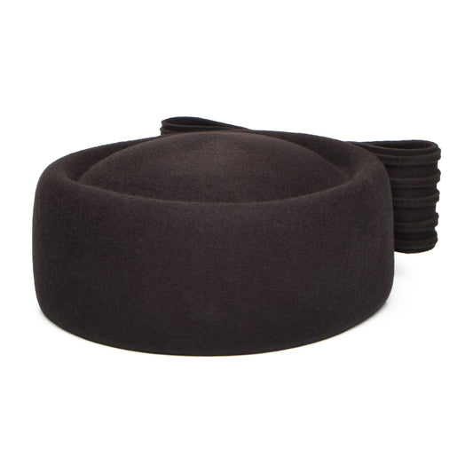 Sombrero Pillbox Jackie O con lazo decorativo de lana de Whiteley - Chocolate