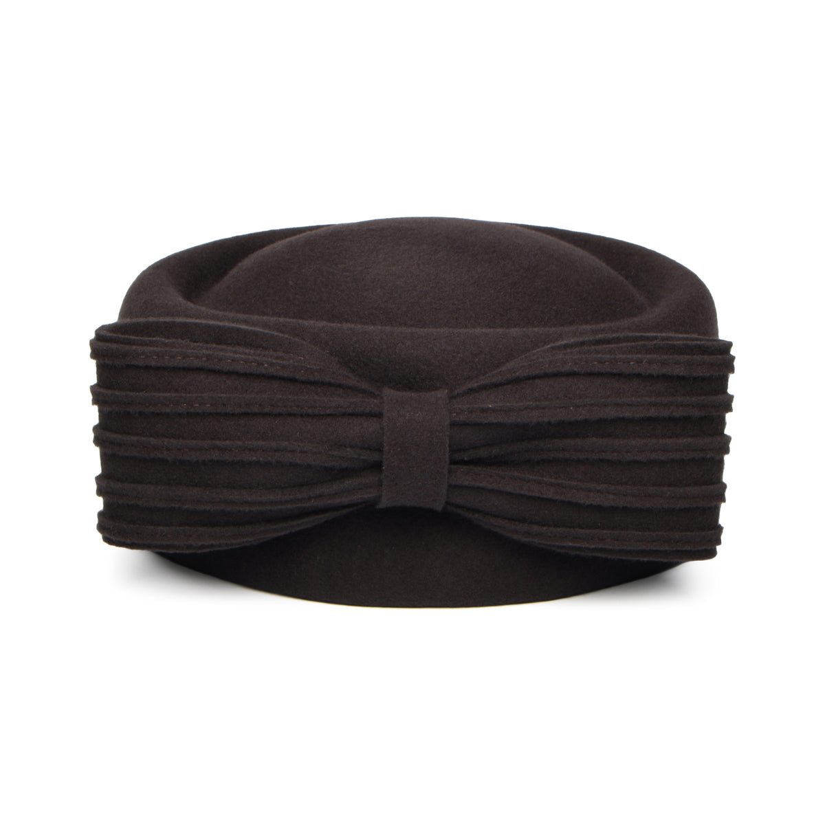 Sombrero Pillbox Jackie O con lazo decorativo de lana de Whiteley - Chocolate