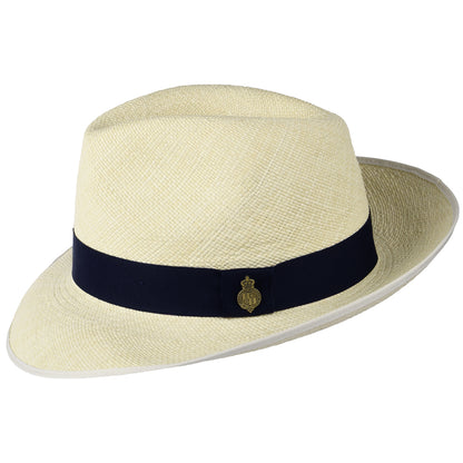 Sombrero Panamá Fedora Classic Preset con cinta decorativa azul marino de Christys - Semi--Decolorado