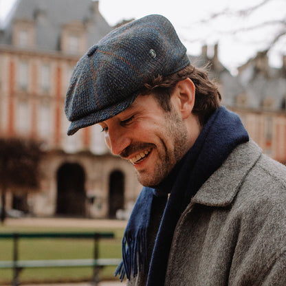 Gorra Newsboy redonda Le Curieux de Harris Tweed de City Sport - Azul Marino-Ladrillo