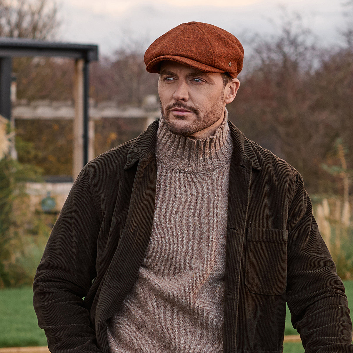 Gorra Newsboy redonda Carloway de Harris Tweed de Failsworth - Rojo Óxido