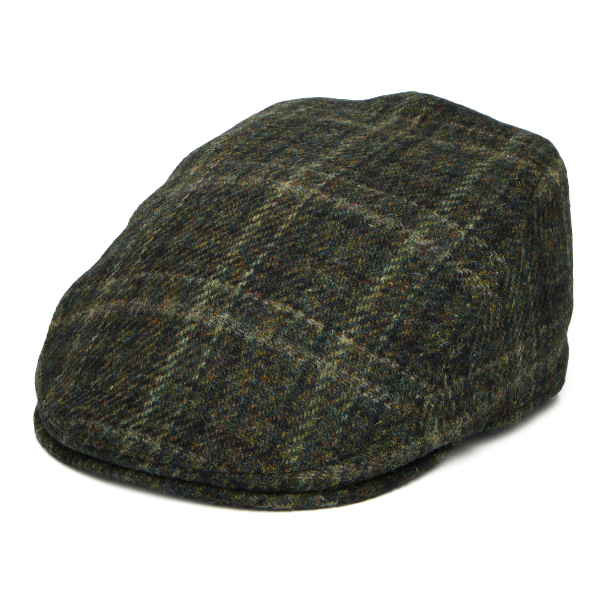 Gorra plana Oban de Harris Tweed a cuadros con orejeras de Failsworth - Verde Musgo Oscuro