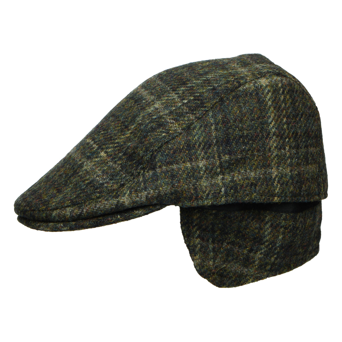 Gorra plana Oban de Harris Tweed a cuadros con orejeras de Failsworth - Verde Musgo Oscuro