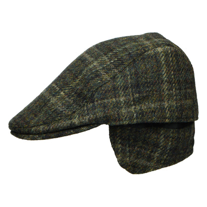 Gorra plana Oban de Harris Tweed a cuadros con orejeras de Failsworth - Verde Musgo Oscuro