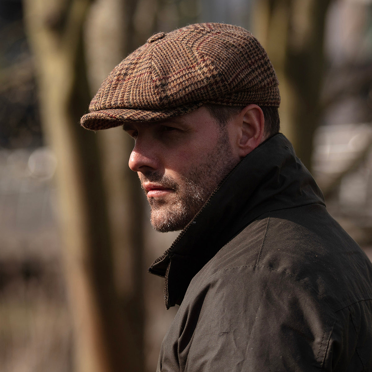 Gorra Newsboy redonda Field Heritage de lana británica Gun Check de Christys - Marrón