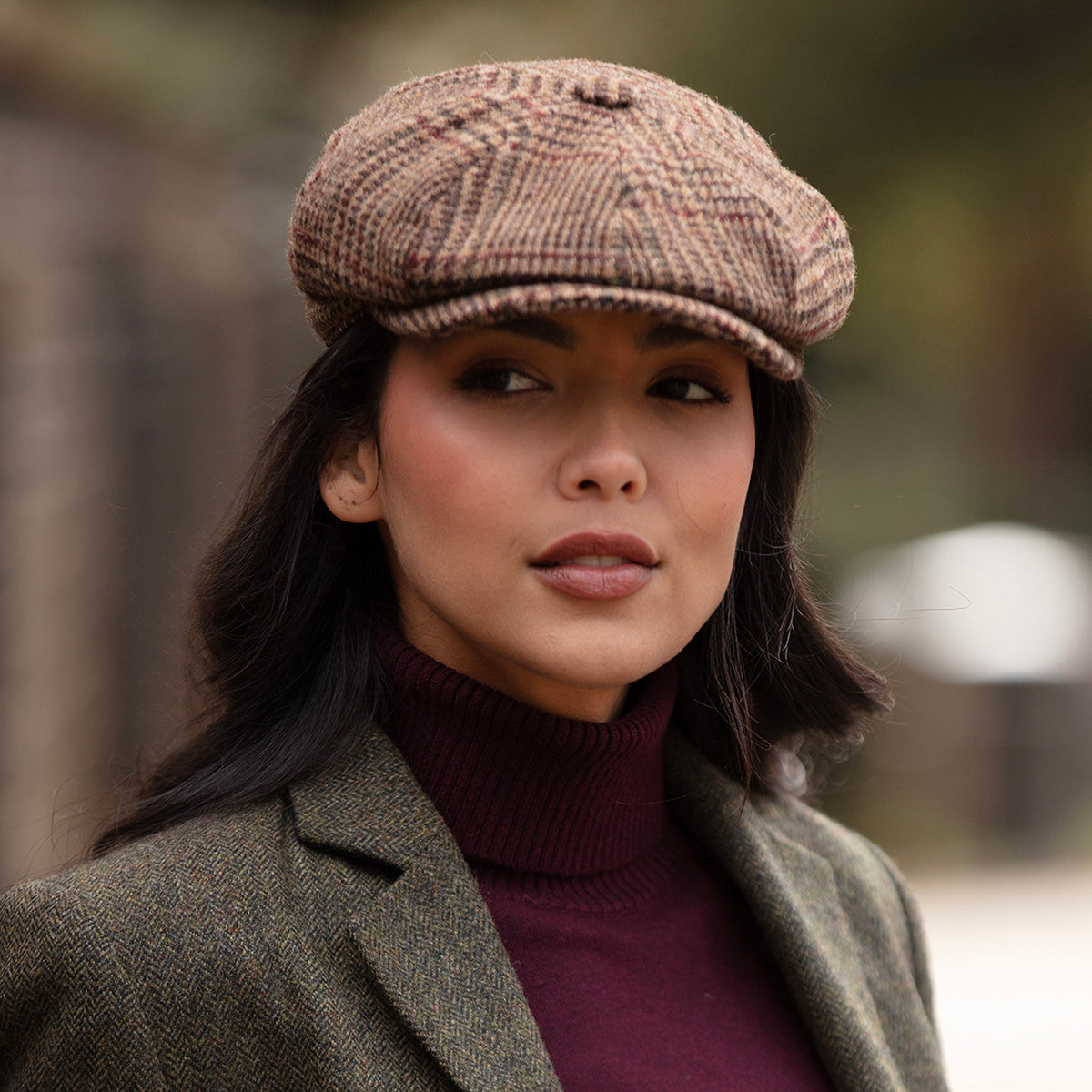 Gorra Newsboy redonda Field Heritage de lana británica Gun Check de Christys - Marrón