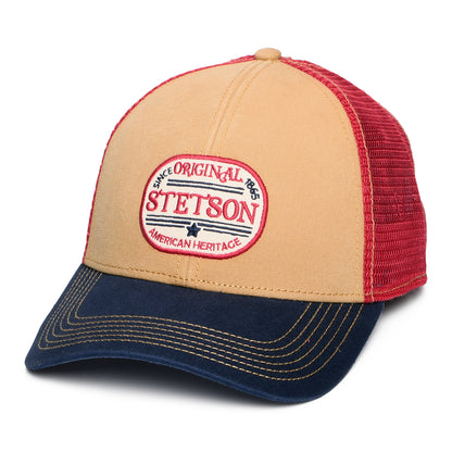Gorra de camionero Vintage de Stetson - Marrón Claro-Azul Marino-Rojo