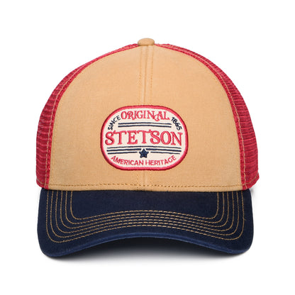 Gorra de camionero Vintage de Stetson - Marrón Claro-Azul Marino-Rojo