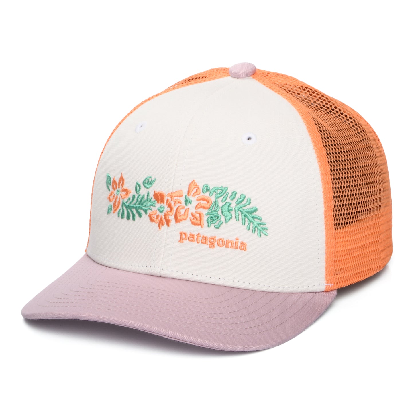 Gorra de camionero niños Friends Lei de algodón orgánico de Patagonia - Blanco-Violeta-Melocotón