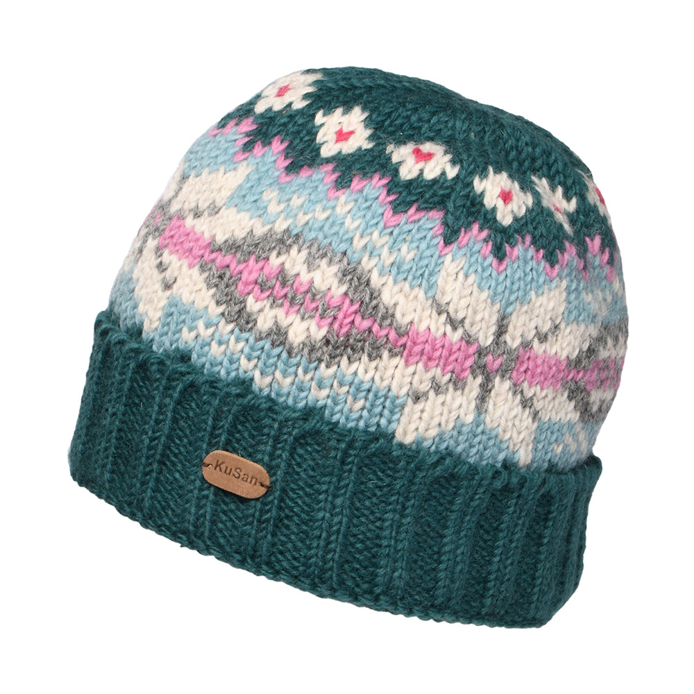 Gorro Beanie flexible copo de nieve con vuelta de Kusan - Verde Azulado-Aguamarina