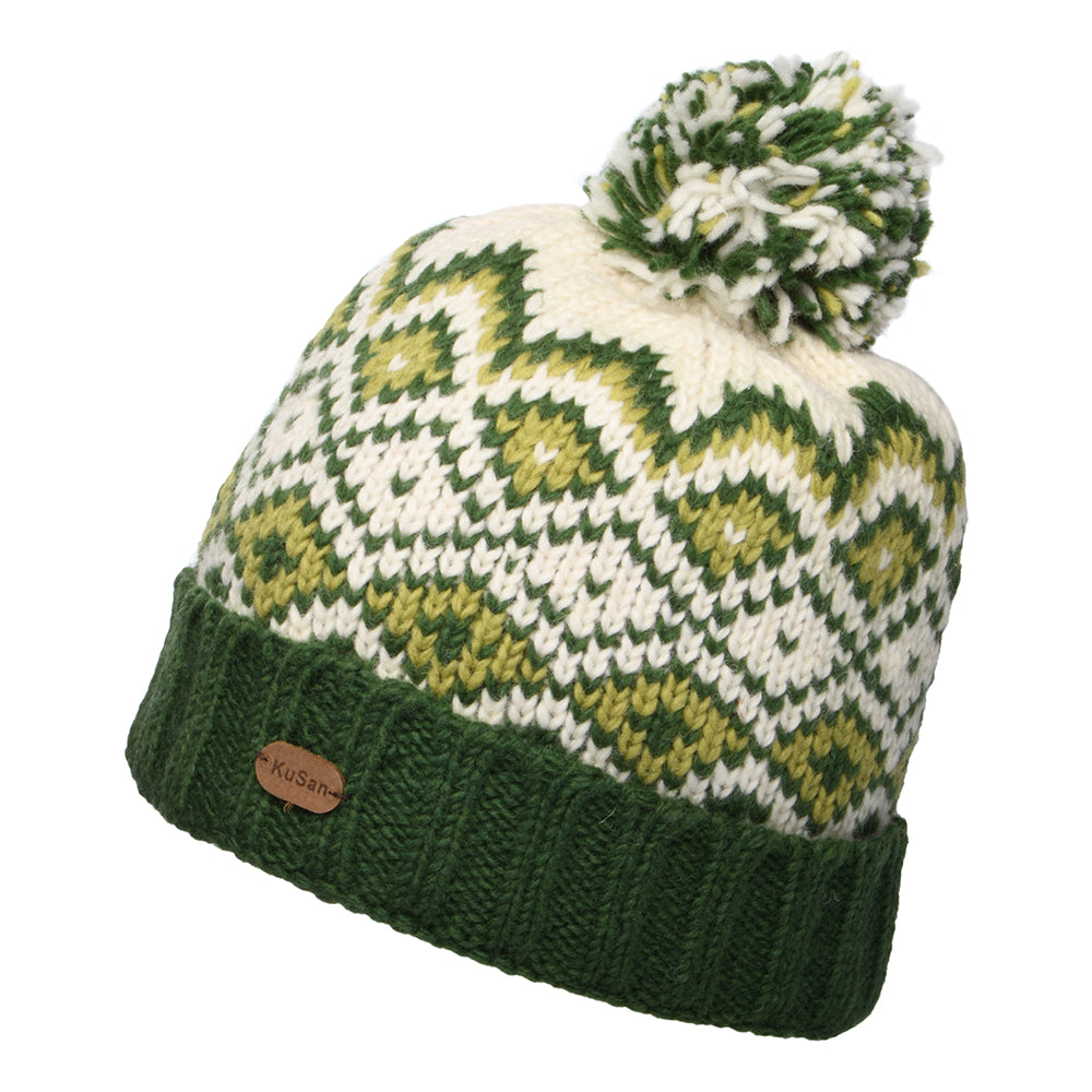 Gorro con pompón con vuelta Diamond de Kusan - Verde-Crema