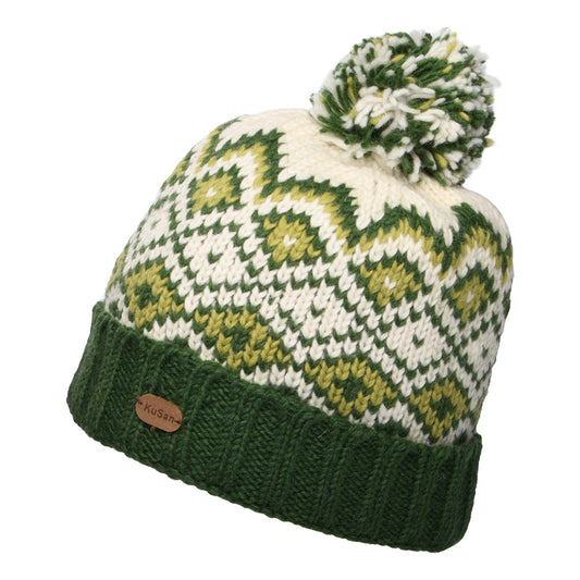 Gorro con pompón con vuelta Diamond de Kusan - Verde-Crema
