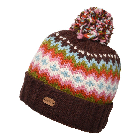 Gorro con pompón con vuelta Fair Isle de Kusan - Marrón Castaño