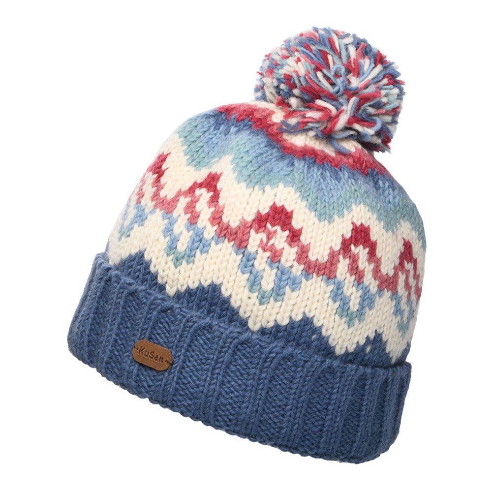 Gorro con pompón con vuelta Patrón de ondas de Kusan - Azul Vaquero-Crema