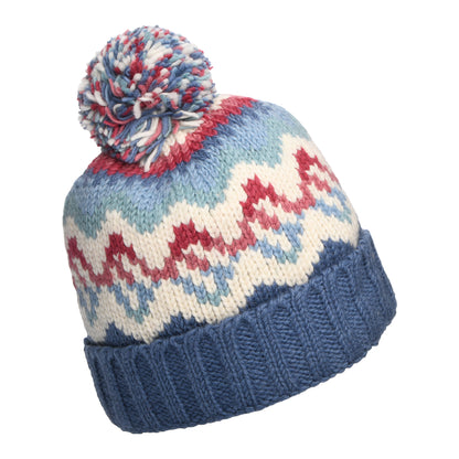 Gorro con pompón con vuelta Patrón de ondas de Kusan - Azul Vaquero-Crema