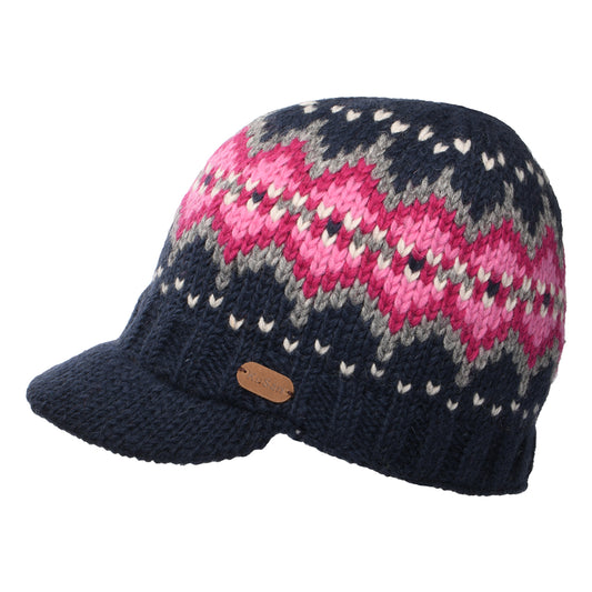 Gorro Beanie con visera Brooklyn Fair Isle de Kusan - Azul Marino-Rosa