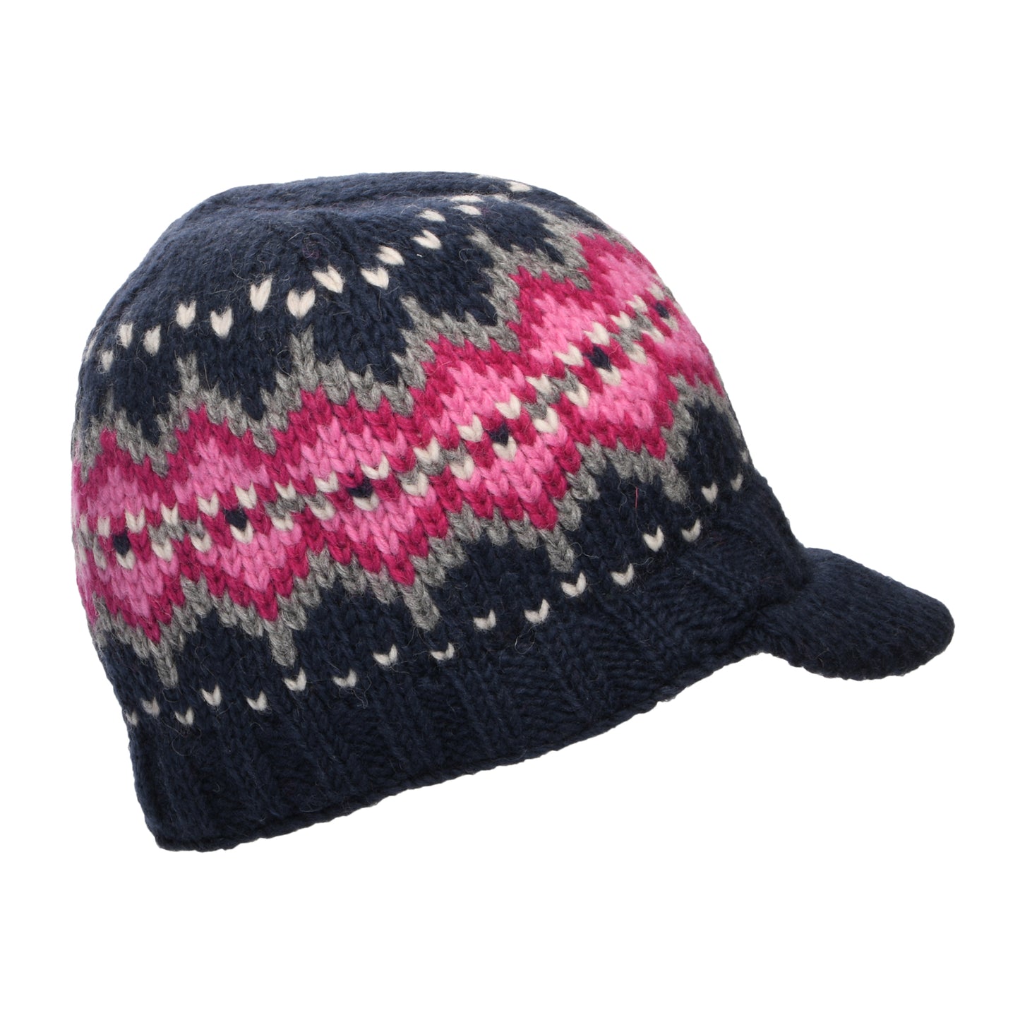 Gorro Beanie con visera Brooklyn Fair Isle de Kusan - Azul Marino-Rosa