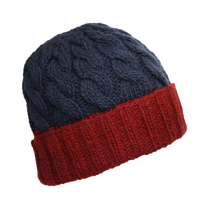 Gorro Beanie 2-Tone con vuelta de punto trenzado de Kusan - Azul Marino-Rojo