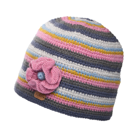 Gorro Beanie Crochet Flor de Kusan - Gris-Rosa