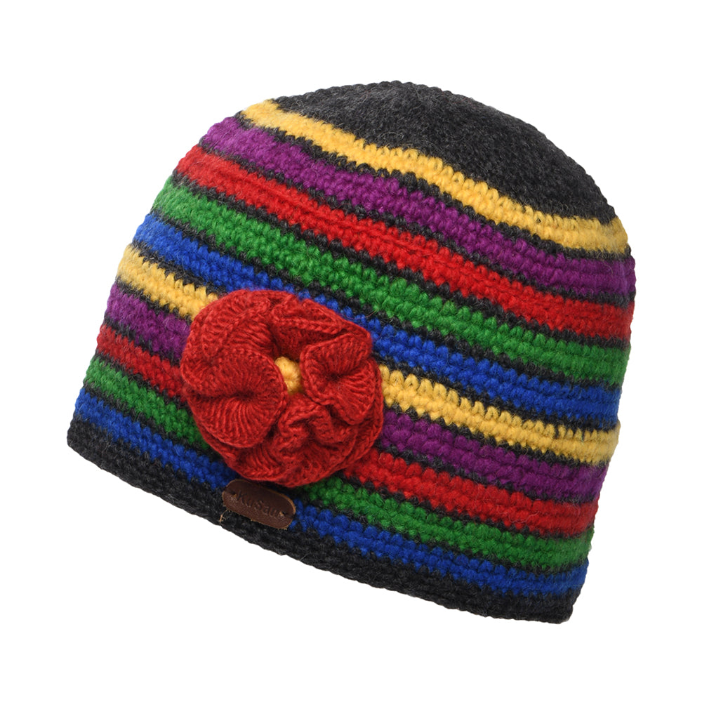 Gorro Beanie Crochet Flor de Kusan - Antracita-Rojo