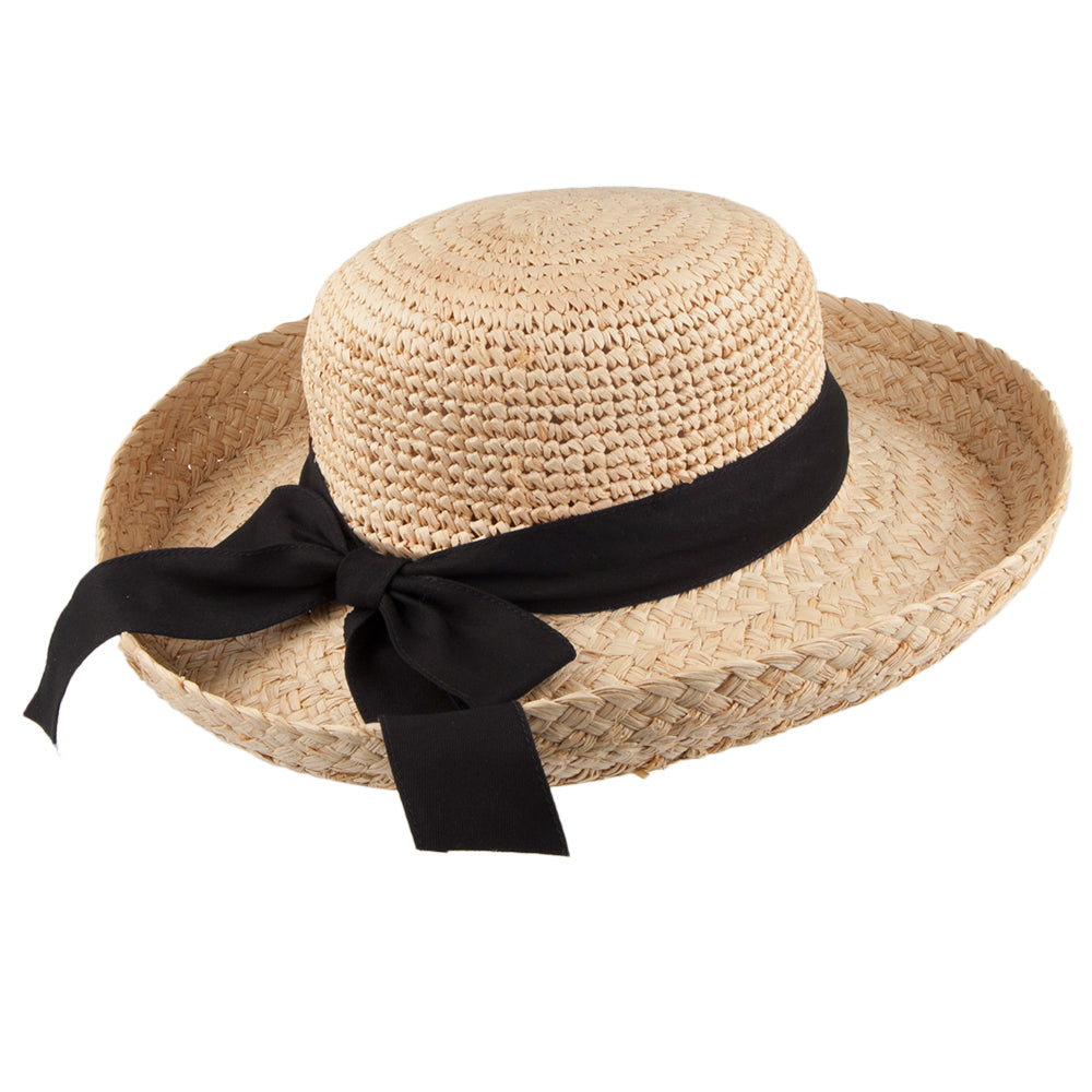 Sombrero Crochet de rafia con cinta decorativa negra de Scala- Natural