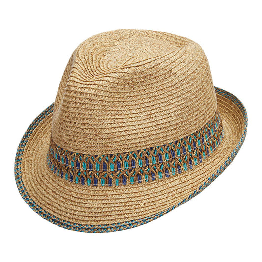 Sombrero Trilby de trenzado de paja de Scala - Natural-Azul
