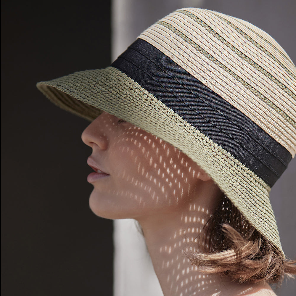 Sombrero Cloche Plegable de paja toyo de Seeberger - Natural-Verde