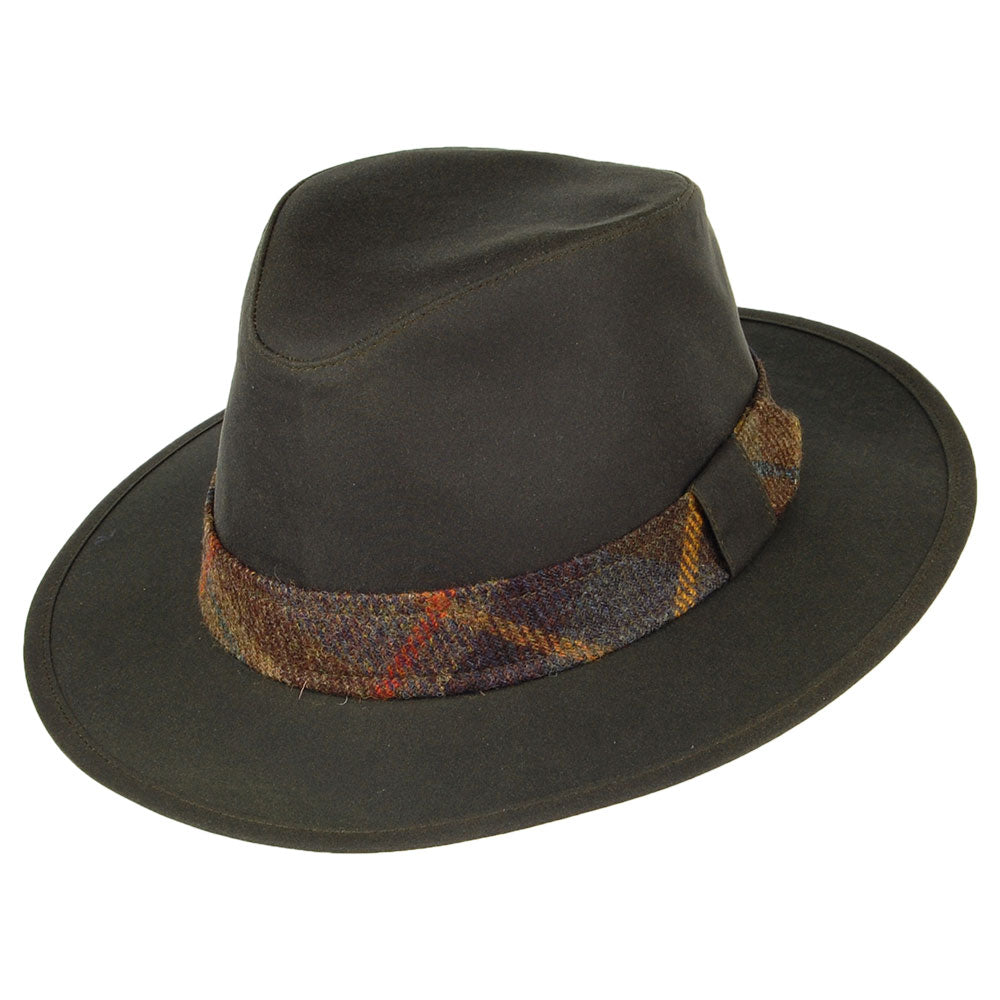 Sombrero Fedora Drifter adorno en tela escocesa de algodón encerado de Failsworth - Verde Oliva
