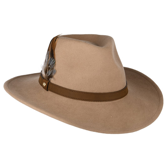 Sombrero Outback impermeable de fieltro de lana Con plumas de Failsworth - Camel
