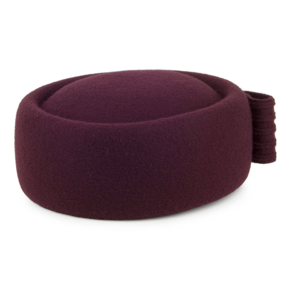 Sombrero Pillbox Jackie O con lazo decorativo de lana de Whiteley - Burdeos