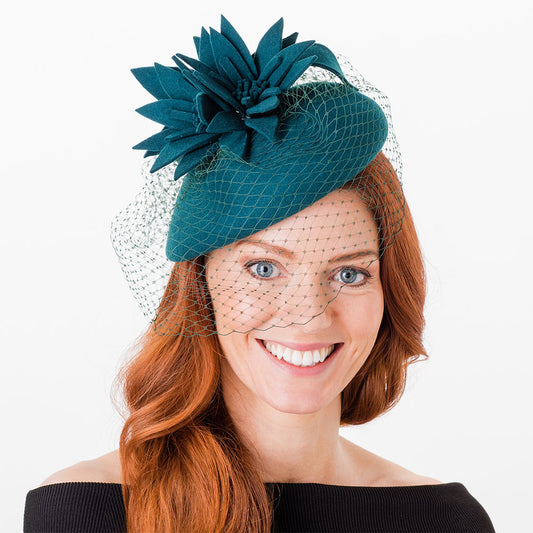 Sombrero Pillbox Miriam con velo de Failsworth - Verde Azulado