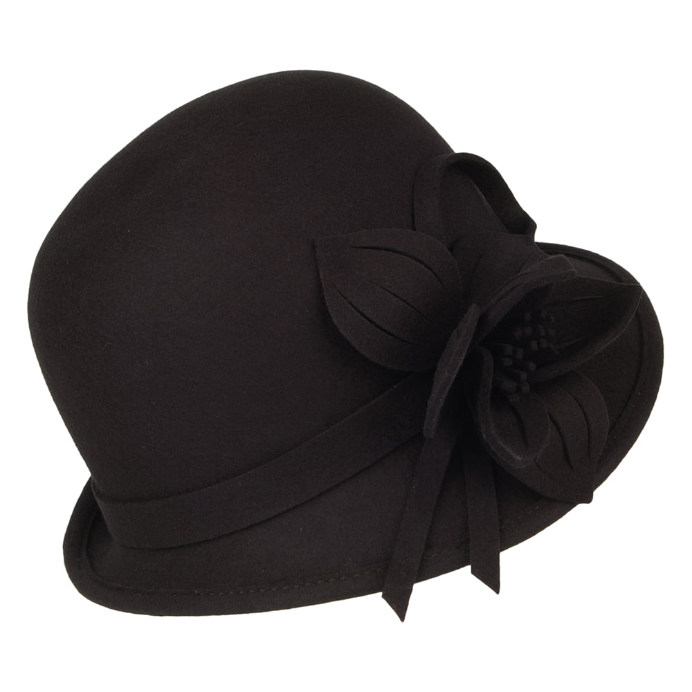 Sombrero Cloche Flor de fieltro de lana de Failsworth - Negro