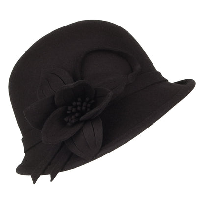 Sombrero Cloche Flor de fieltro de lana de Failsworth - Negro